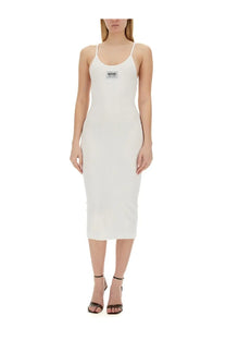 Moschino jeans women’s white ribbed midi dress with spaghetti straps fitted silhouette and black logo patch at bust