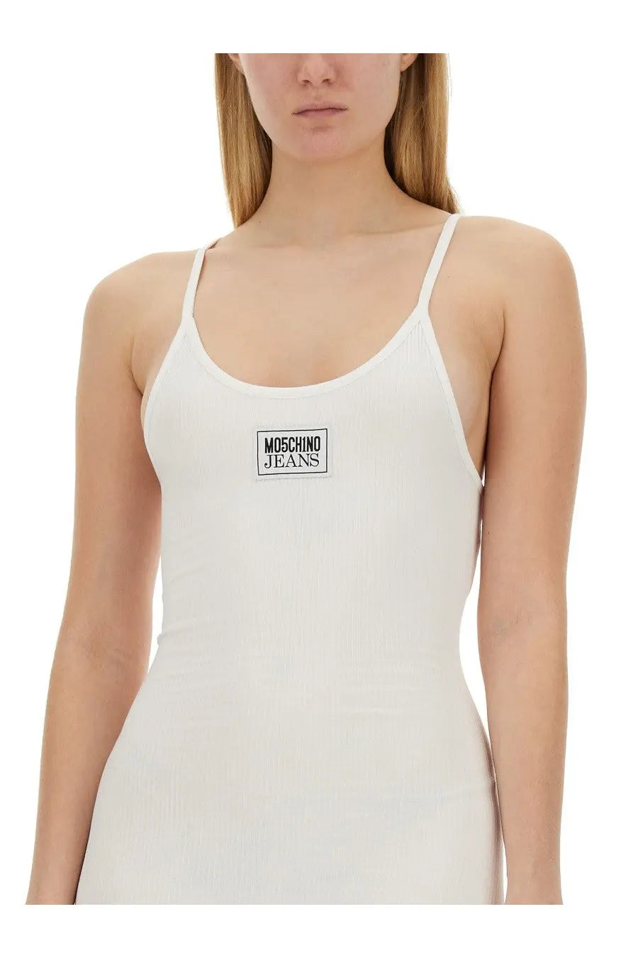 Moschino jeans women’s white ribbed tank top with spaghetti straps and black rectangular logo patch on chest