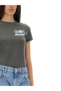 Dark gray Moschino Jeans women’s short-sleeved shirt with white peace sign heart and logo graphic on the chest
