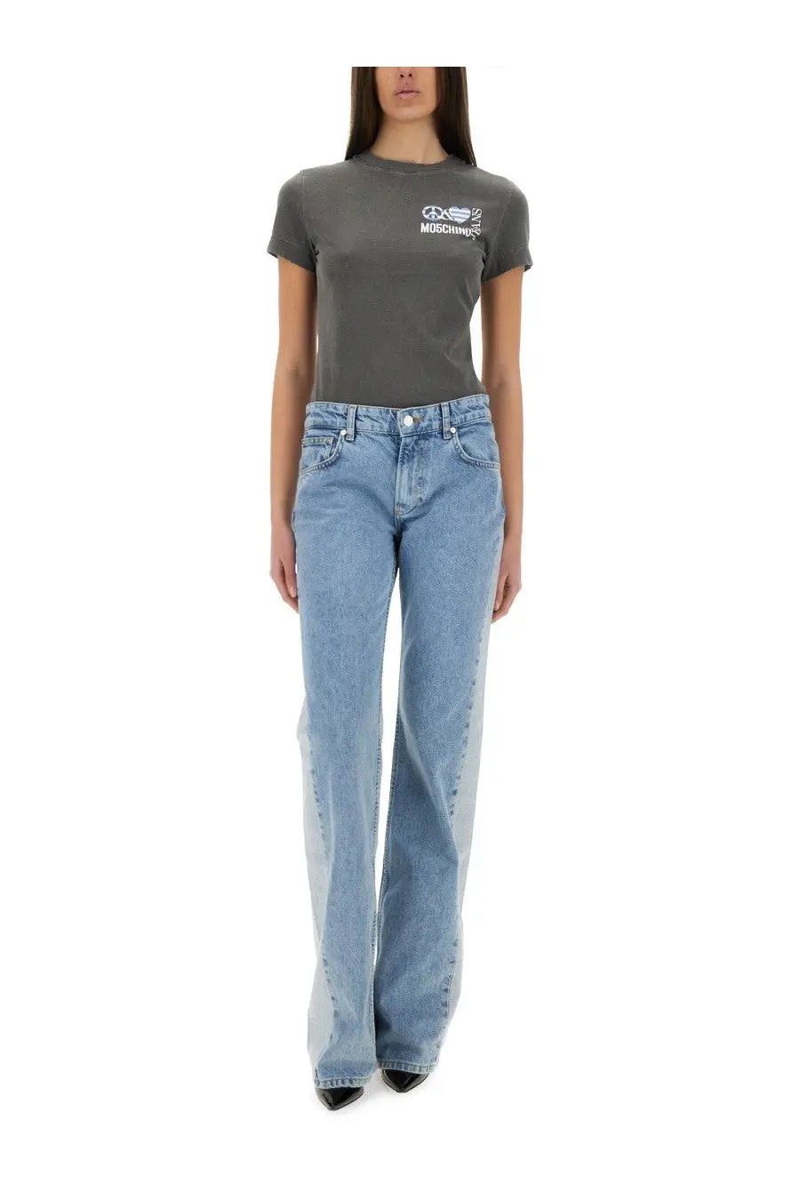 A pair of Moschino women’s light-wash denim jeans with flared legs and darker blue side panels
