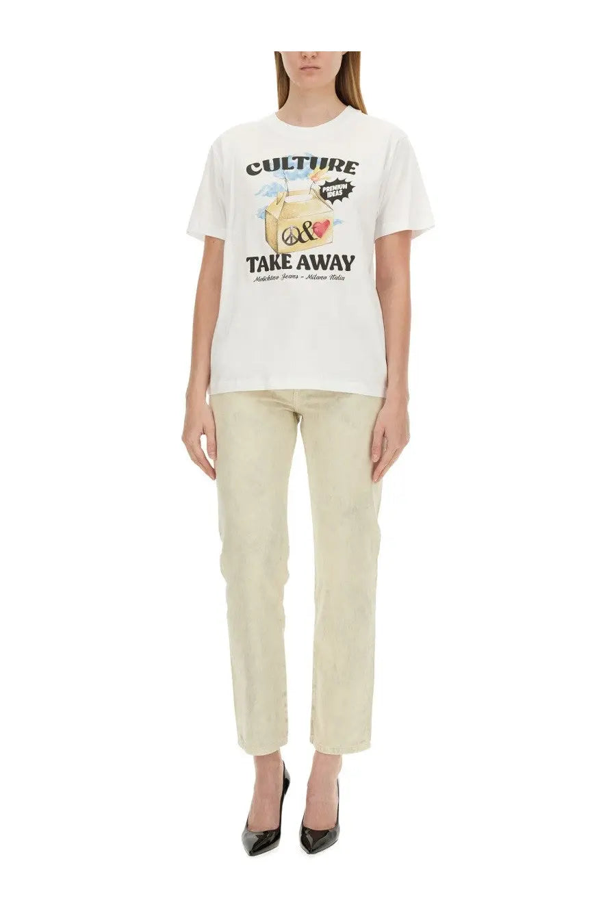 Moschino Jeans women’s white cotton t-shirt with culture and take away graphic print featuring takeout box illustration