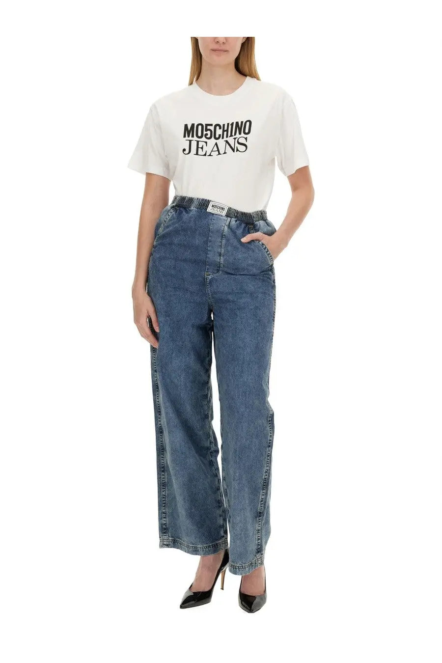 Moschino Jeans women’s white t-shirt with black moschino jeans lettering across the chest