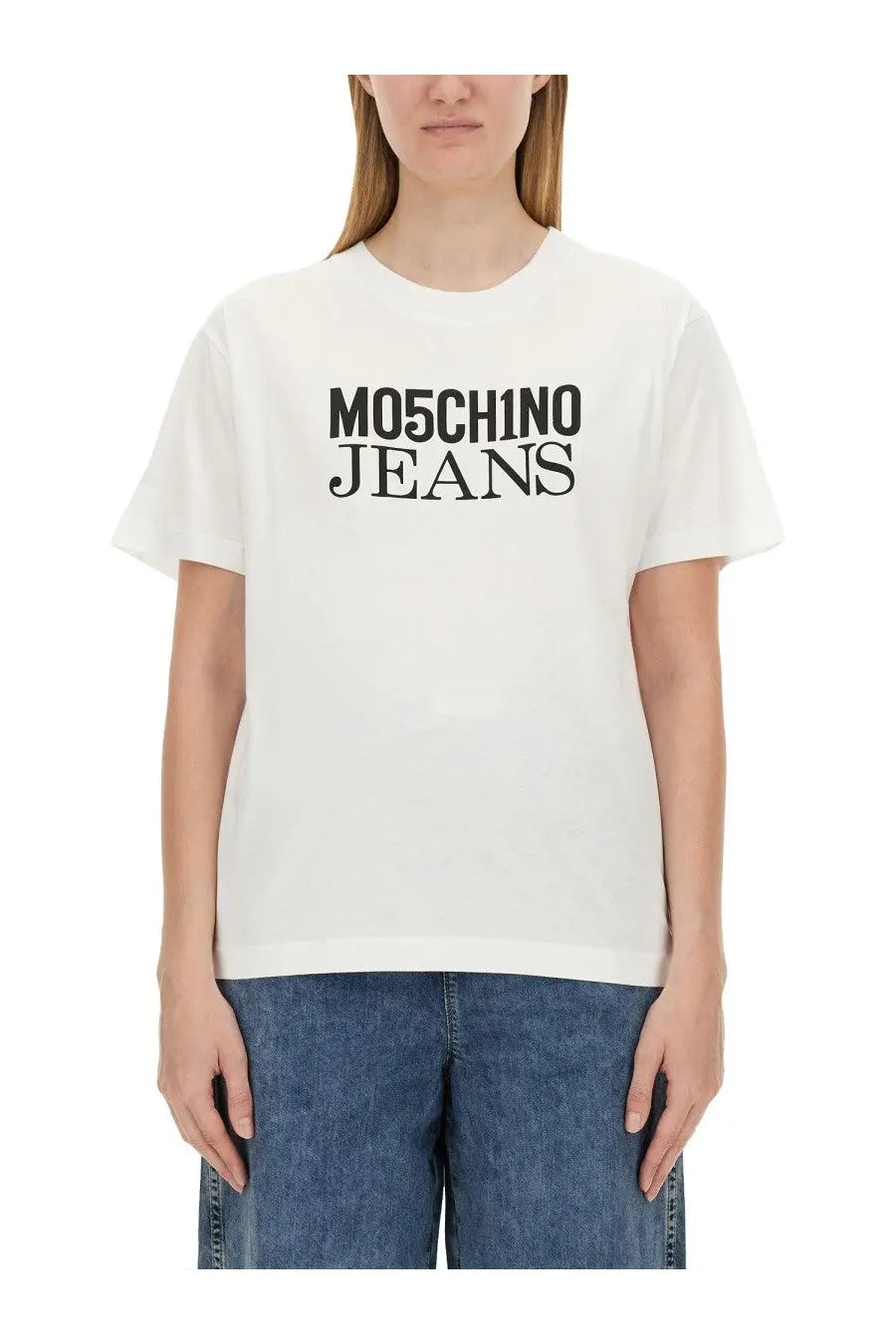 Moschino jeans women’s white t-shirt featuring bold black lettering across the chest in cotton material