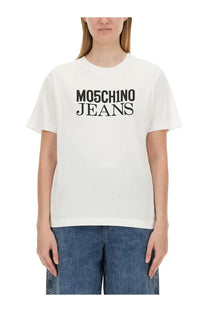 Moschino jeans women’s white t-shirt featuring bold black lettering across the chest in cotton material