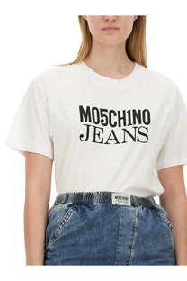 White Moschino Jeans women’s t-shirt with bold black mo5ch1no jeans lettering across the chest
