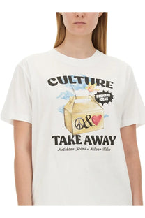 Moschino jeans women’s white t-shirt with colorful take-out box graphic and culture take away text on front