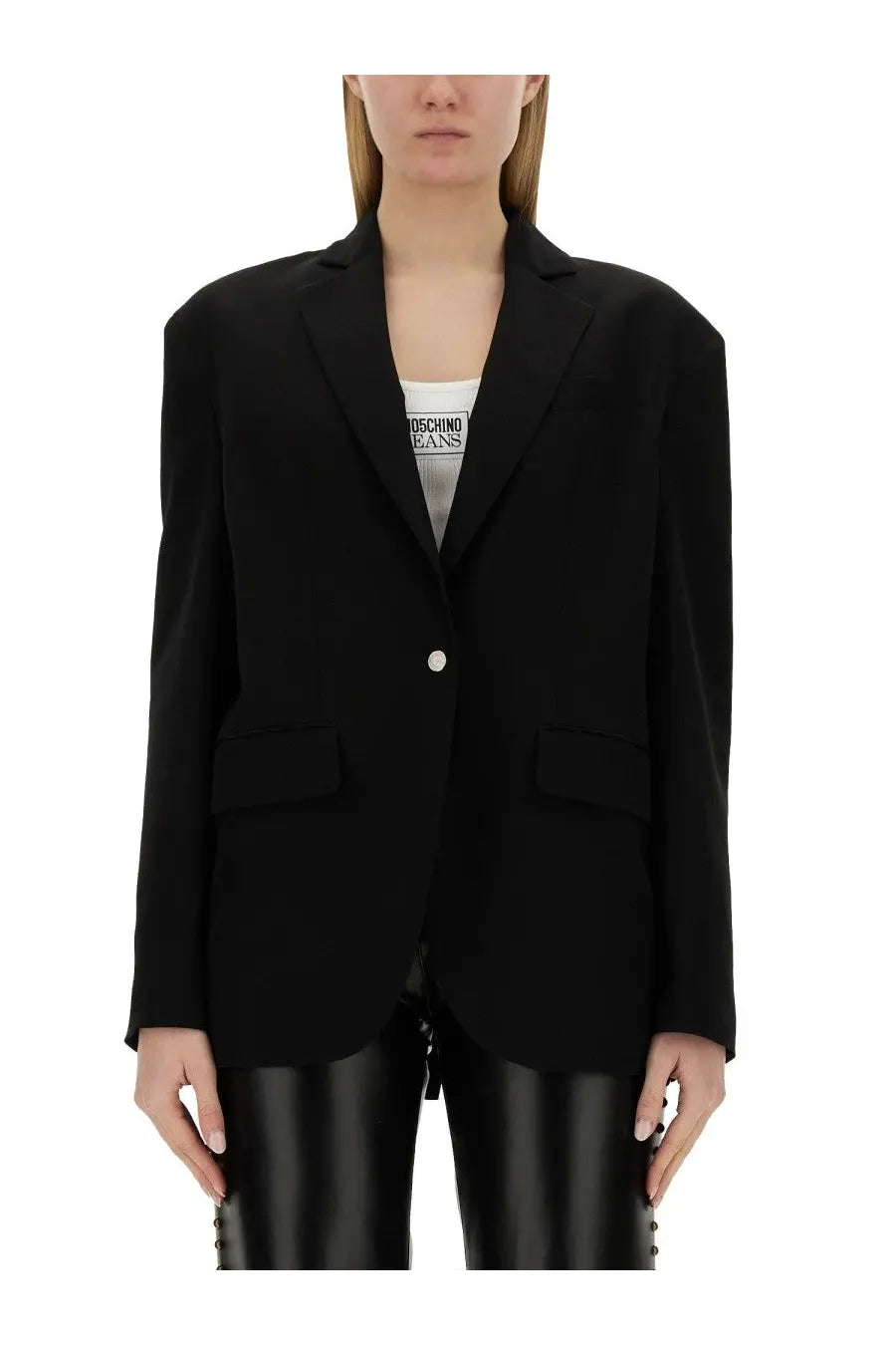 Moschino Jeans women’s black oversized single breasted blazer with single button and flap pockets in cotton blend