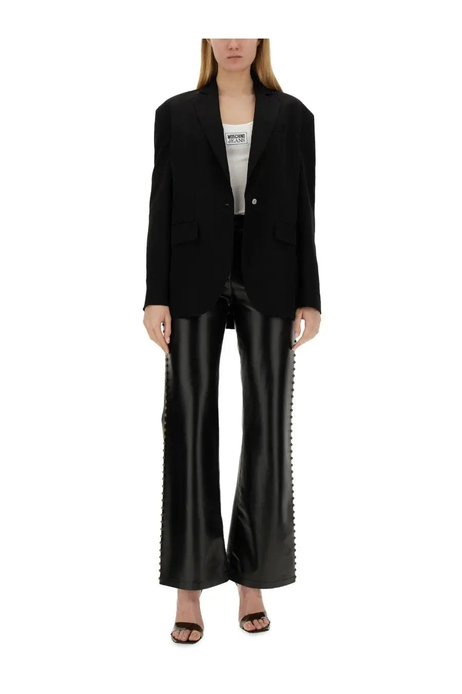 Black satin wide-leg trousers with studded side seam paired with moschino jeans women single breasted jacket black