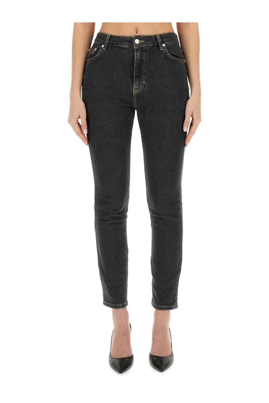Moschino jeans women’s skinny fit high waisted black denim jeans with slim fit and subtle thigh fading