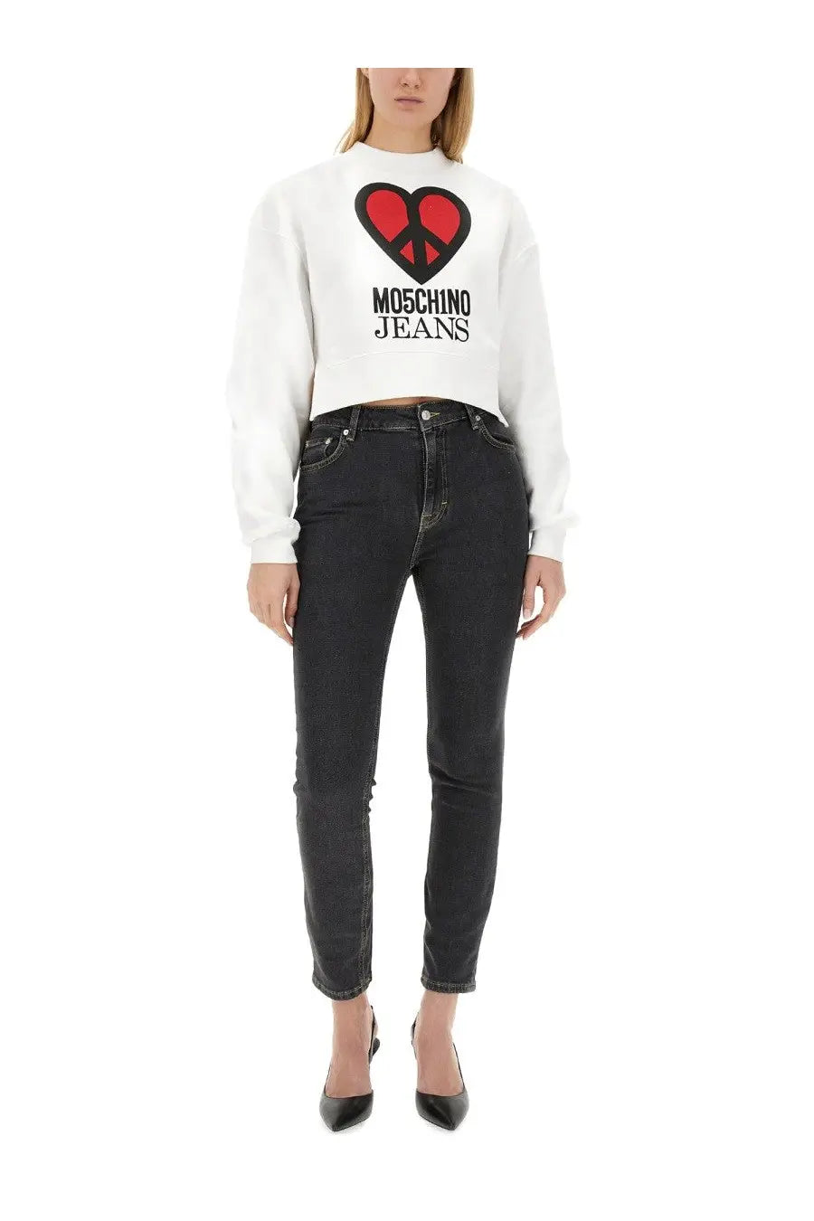 White moschino jeans sweatshirt with bold red heart peace symbol graphic and black lettering front design