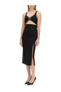Moschino Jeans women’s black slim fit satin midi dress with cut-out bodice and front slit