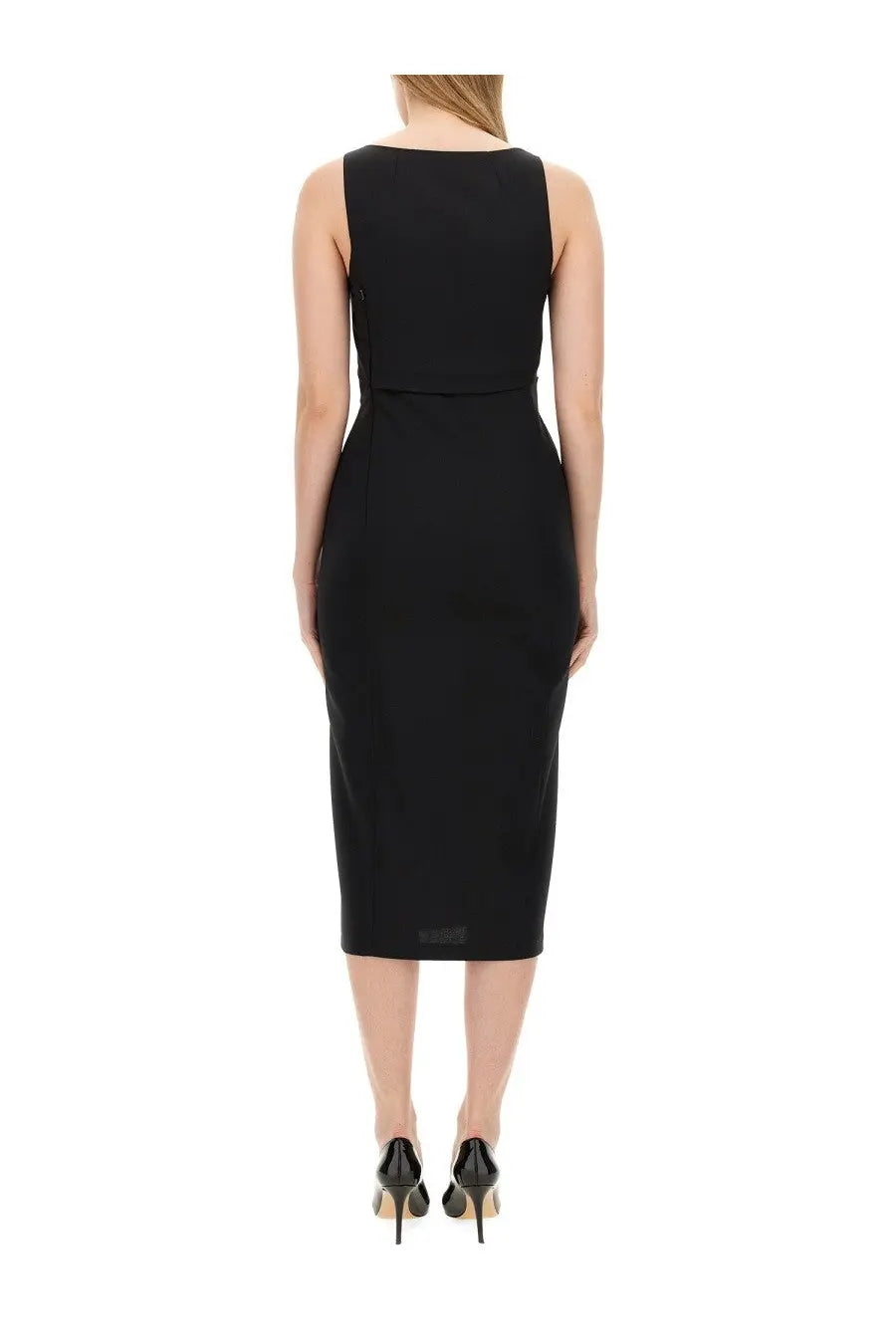 Moschino Jeans women’s slim fit black sleeveless pencil dress with fitted silhouette and defined waistline