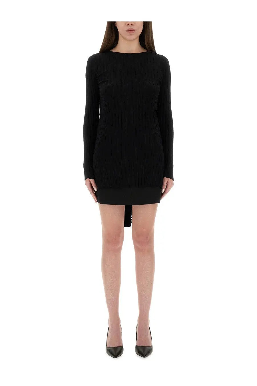 Black ribbed knit long-sleeved mini dress with side slit paired with Moschino Jeans slim fit black shirt