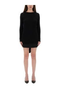 Black ribbed knit long-sleeved mini dress with side slit paired with Moschino Jeans slim fit black shirt