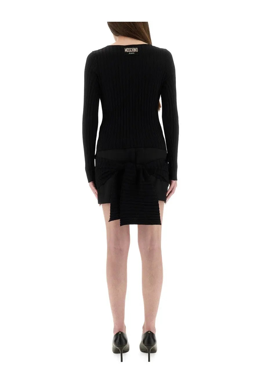 Moschino jeans women’s black ribbed knit long-sleeved dress with a large asymmetrical bow at the hem