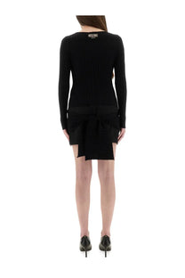 Moschino jeans women’s black ribbed knit long-sleeved dress with a large asymmetrical bow at the hem