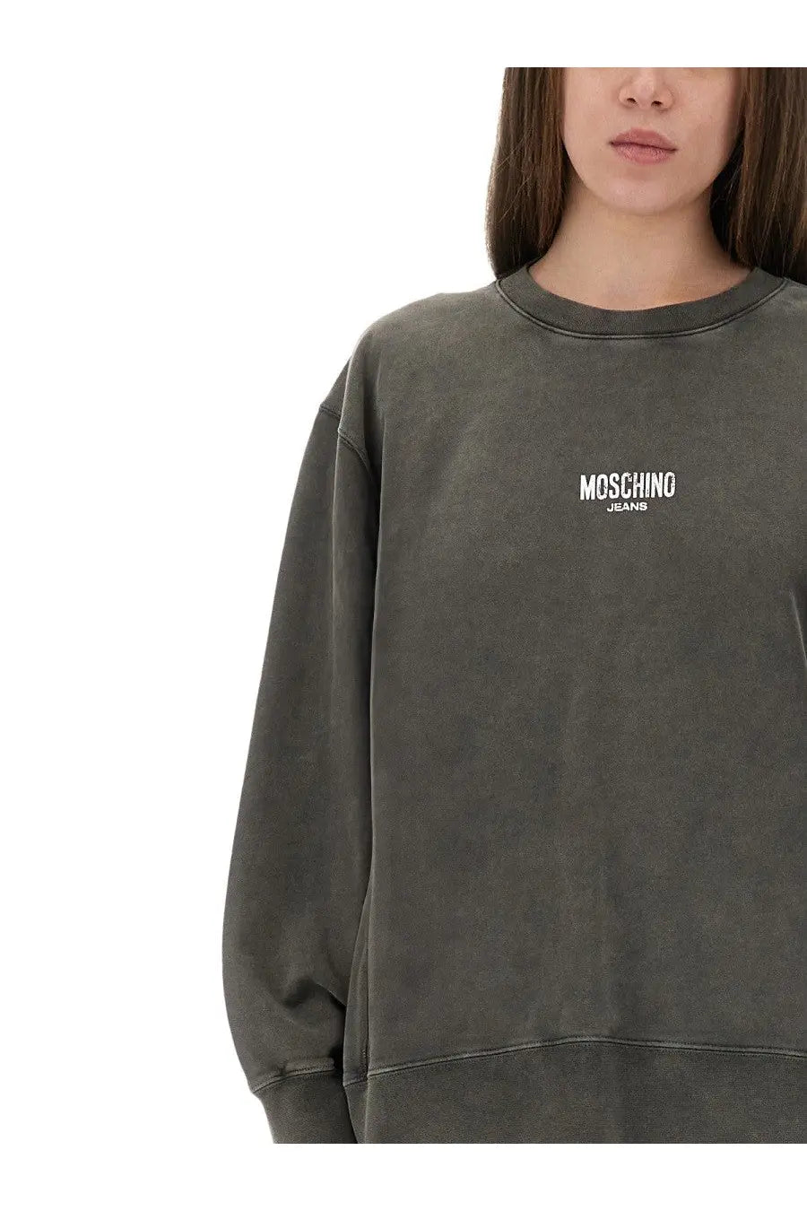 Dark gray slightly faded cotton sweatshirt with white moschino jeans logo embroidered on the chest for women