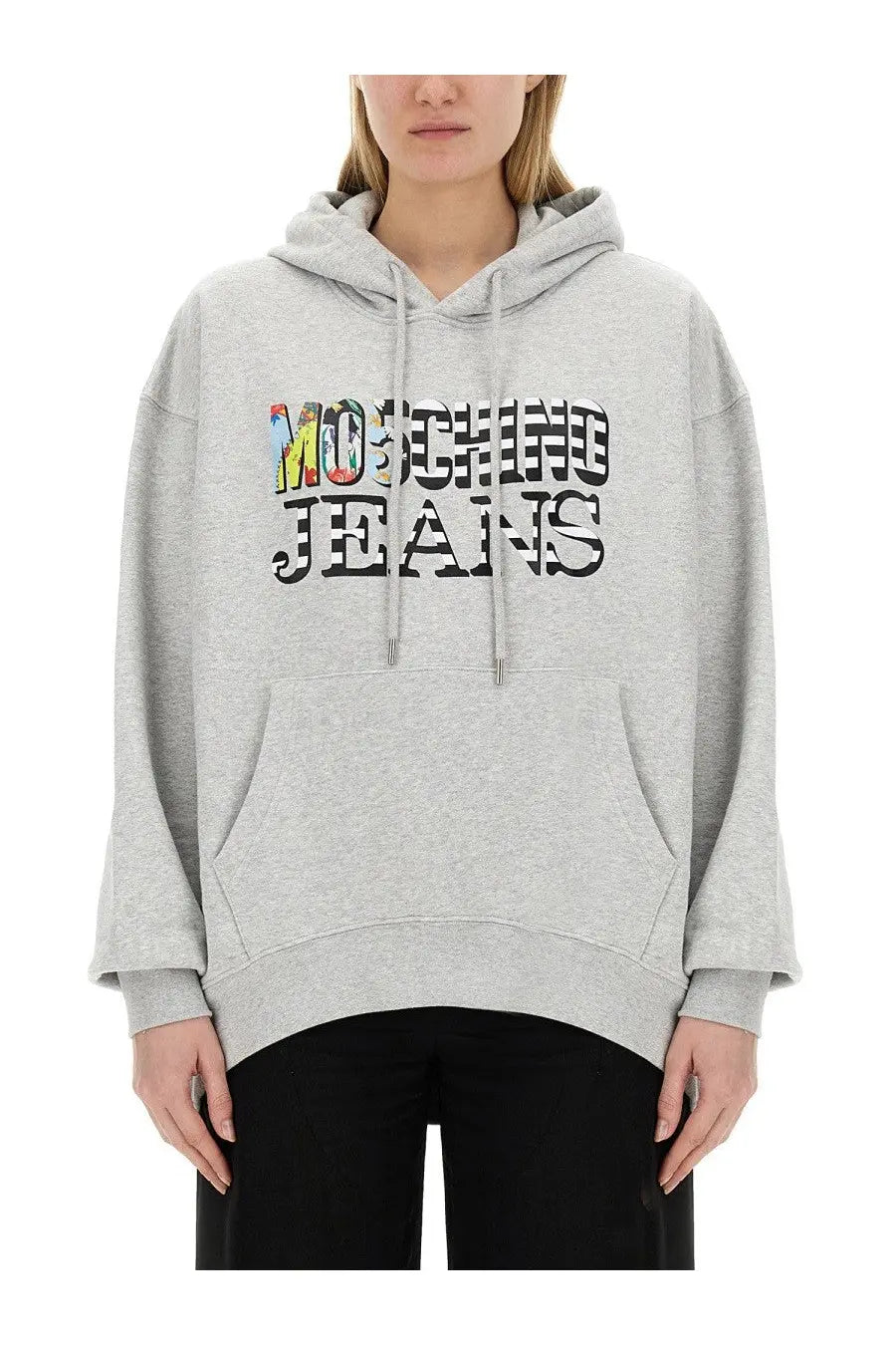Moschino jeans women’s grey sweatshirt with heathered fabric and bold colorful lettering across the chest