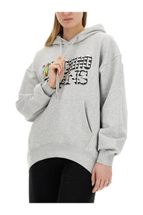 Moschino Jeans women’s grey heathered hoodie with bold black and colorful machine jeans graphic on the chest