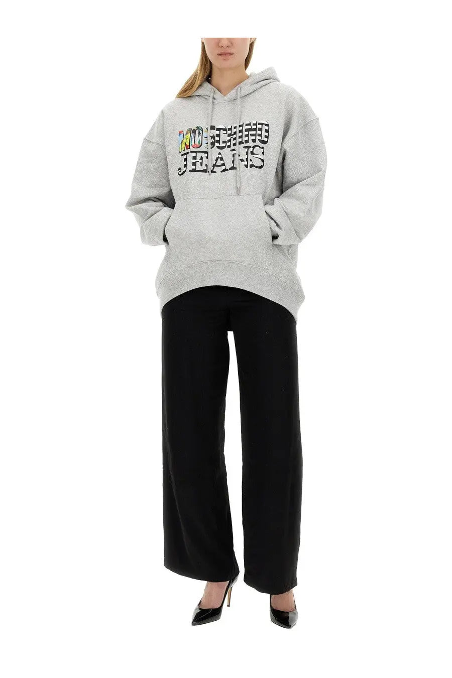 Moschino jeans women’s grey oversized hoodie with bold rainbow and black logo on the chest