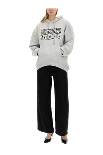 Moschino jeans women’s grey oversized hoodie with bold rainbow and black logo on the chest