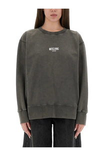 Moschino Jeans women’s olive green sweatshirt with white embroidered logo on chest in cotton blend fabric