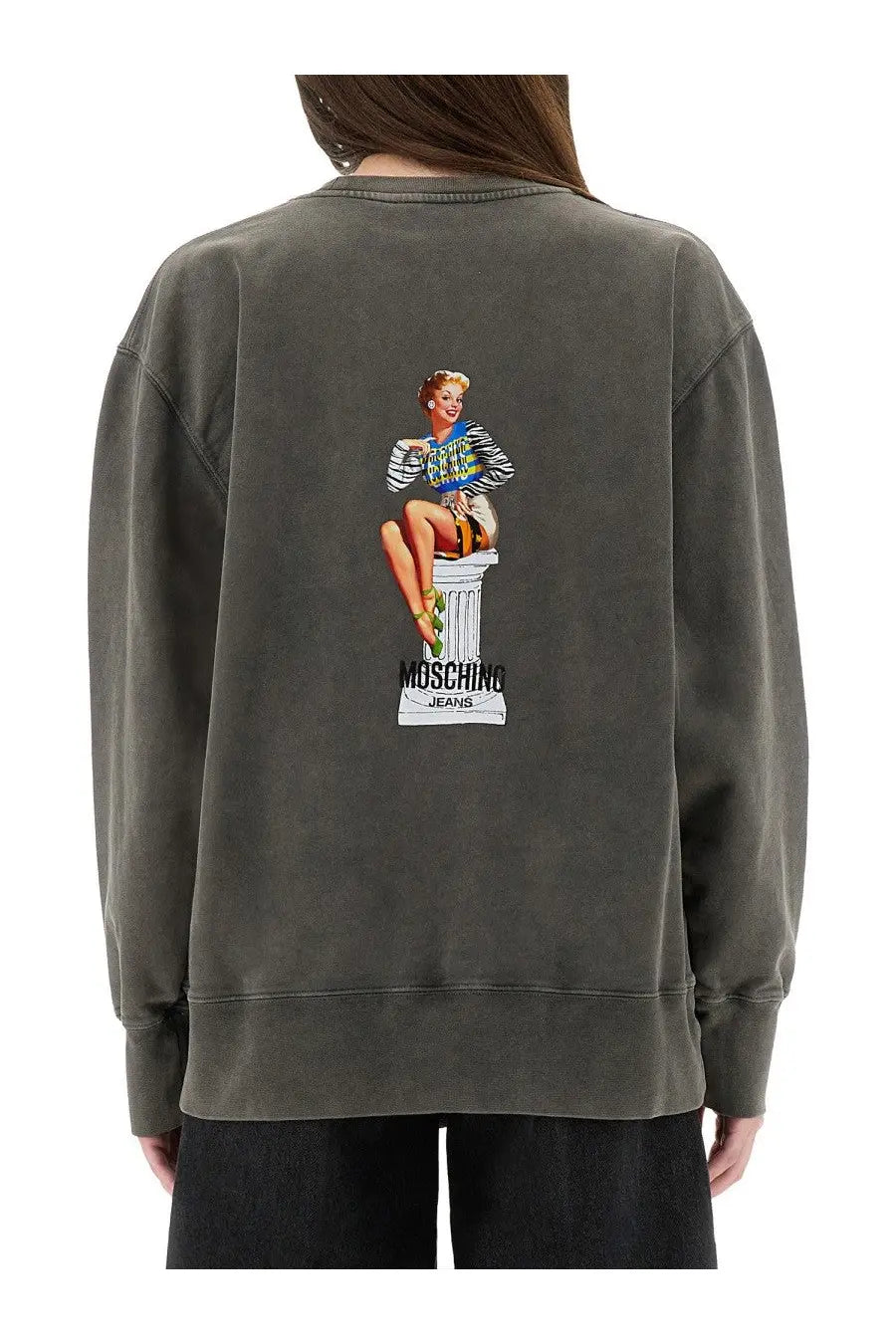 Moschino Jeans women’s olive green sweatshirt with vintage pin-up graphic on the back in soft cotton blend