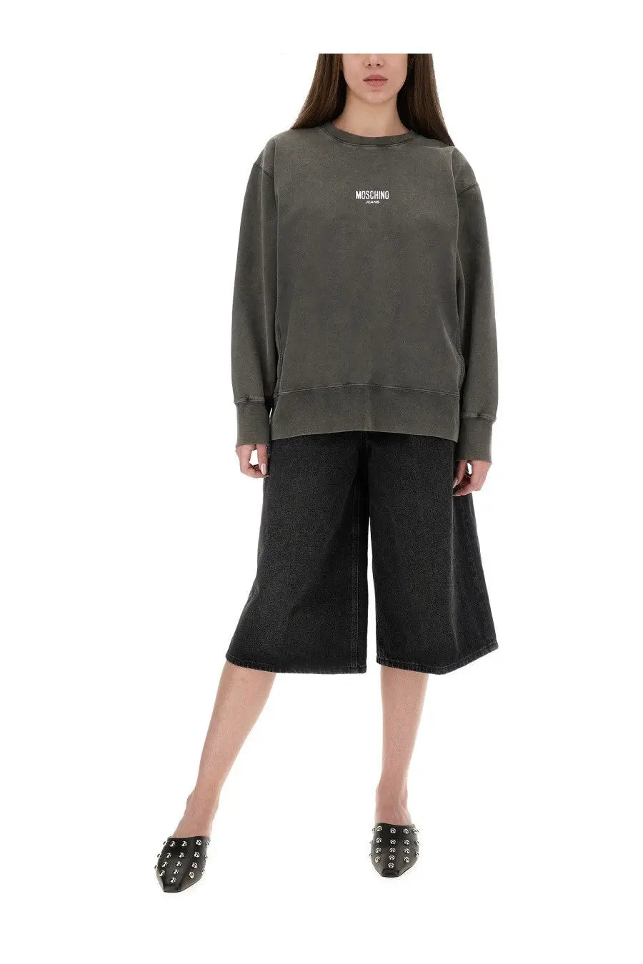 Olive green moschino jeans women’s sweatshirt with white logo on chest casual cotton blend garment