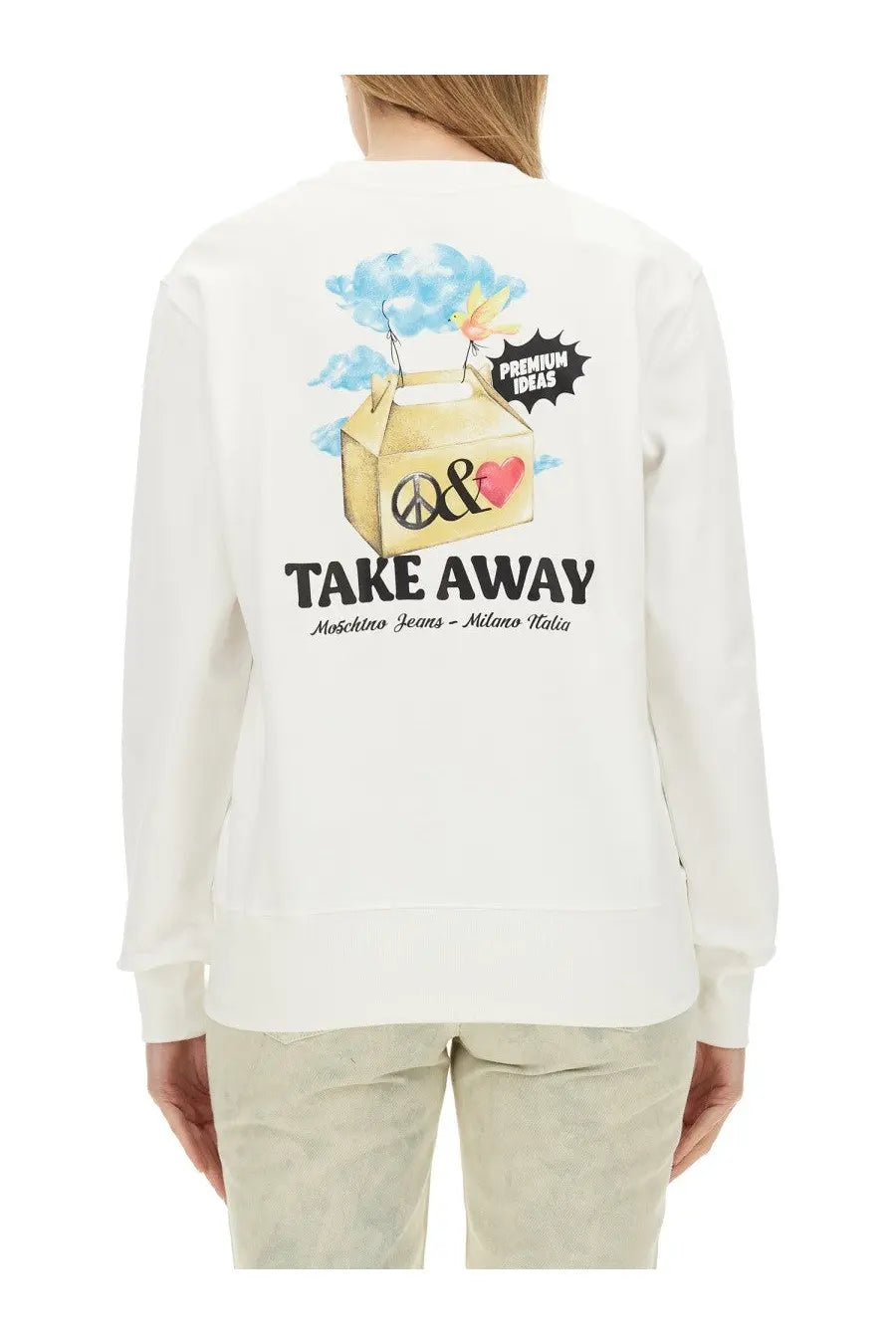 Moschino Jeans women’s white long-sleeved sweatshirt with colorful take-away box graphic and peace symbol in black ink