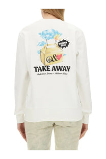 Moschino Jeans women’s white long-sleeved sweatshirt with colorful take-away box graphic and peace symbol in black ink