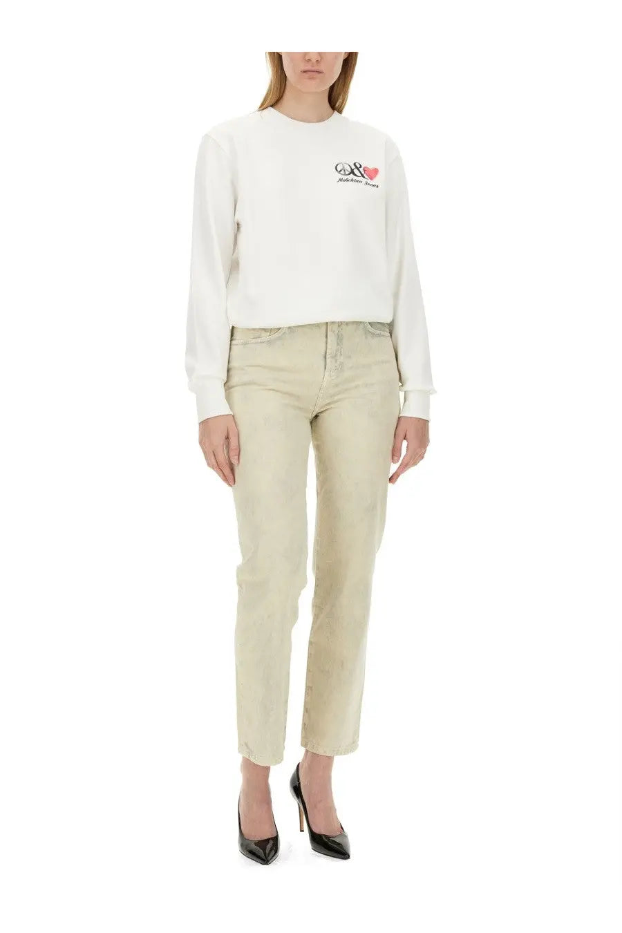 Moschino Jeans women’s white long-sleeved sweatshirt with small embroidered logo on the chest