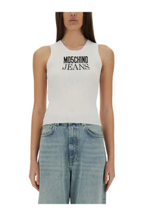 White ribbed knit sleeveless top with black embroidered Moschino Jeans logo across the chest women’s fashion