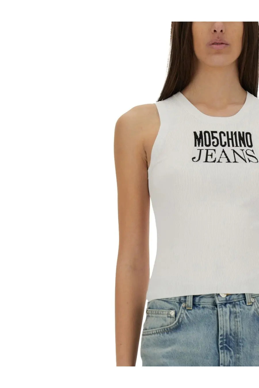White ribbed sleeveless top with black moschino jeans lettering across the chest for women