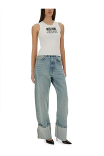 White Moschino Jeans women’s tank top with black logo print across the chest for casual wear