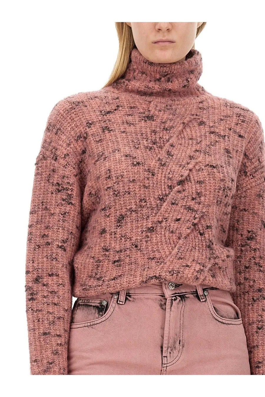 A cozy dusty rose knit turtleneck sweater with cable knit texture and subtle speckles, Moschino Jeans women’s shirt