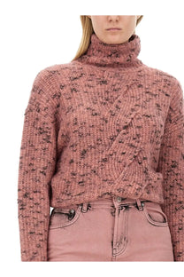 A cozy dusty rose knit turtleneck sweater with cable knit texture and subtle speckles, Moschino Jeans women’s shirt