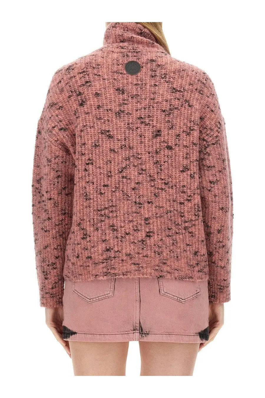 A cozy pink and black speckled knit sweater with a high turtleneck collar for women by Moschino Jeans