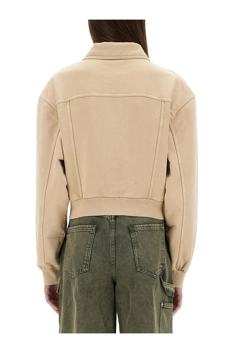 Beige cropped denim jacket with collar and ribbed cuffs from Moschino Jeans women’s urban jacket collection
