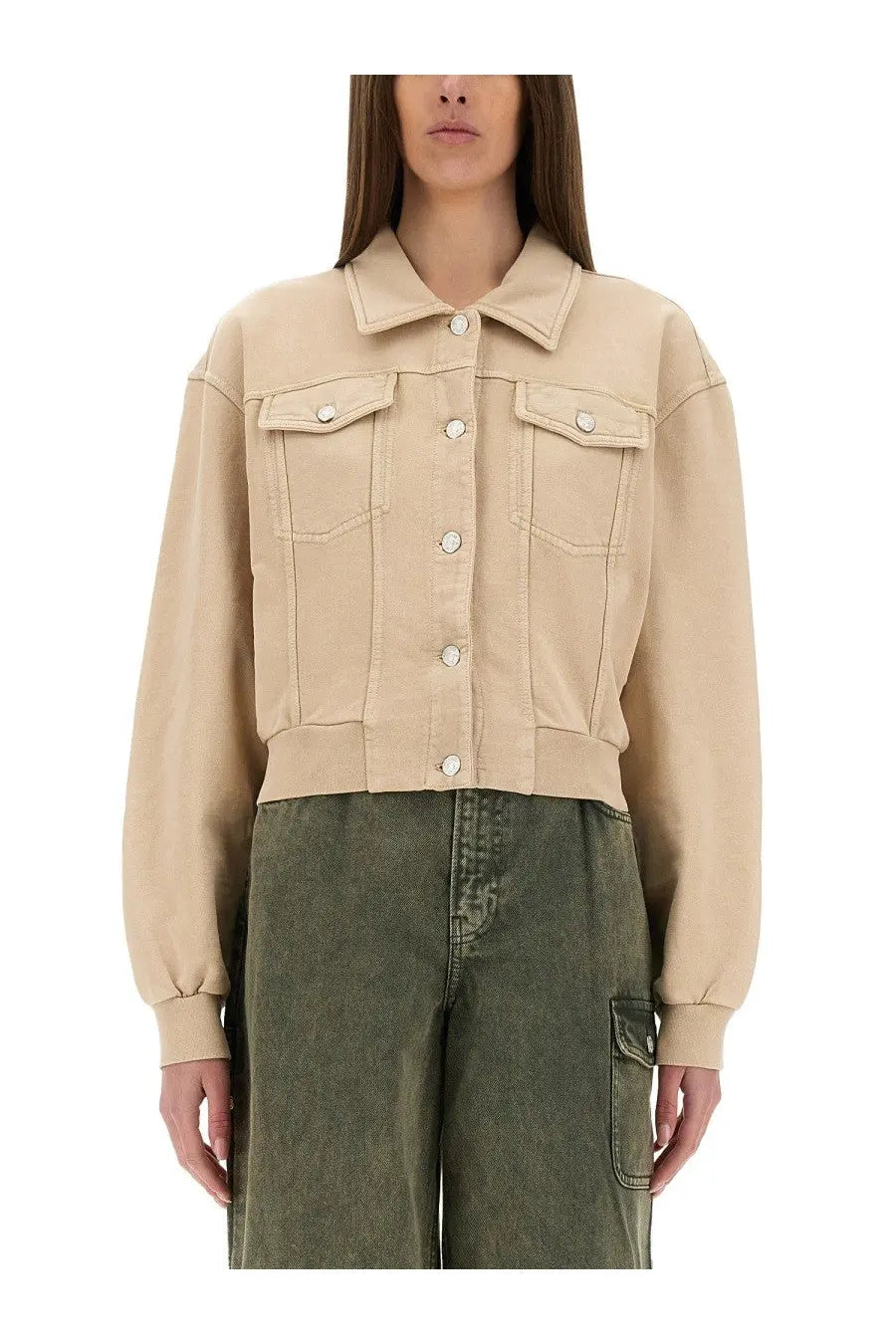 Beige denim cropped jacket with button closures and flap pockets from Moschino Jeans women’s urban collection