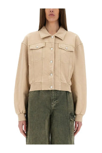 Beige denim cropped jacket with button closures and flap pockets from Moschino Jeans women’s urban collection