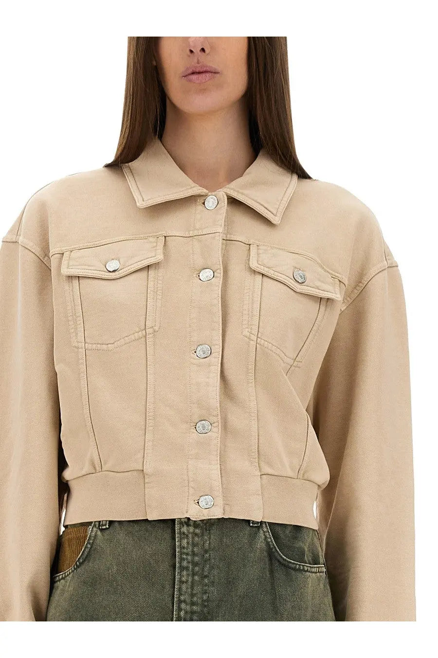 Moschino jeans women’s beige denim cropped jacket with silver buttons and two front flap pockets