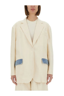 Cream-colored Moschino Jeans women’s urban blazer with denim patch pockets perfect for casual wear