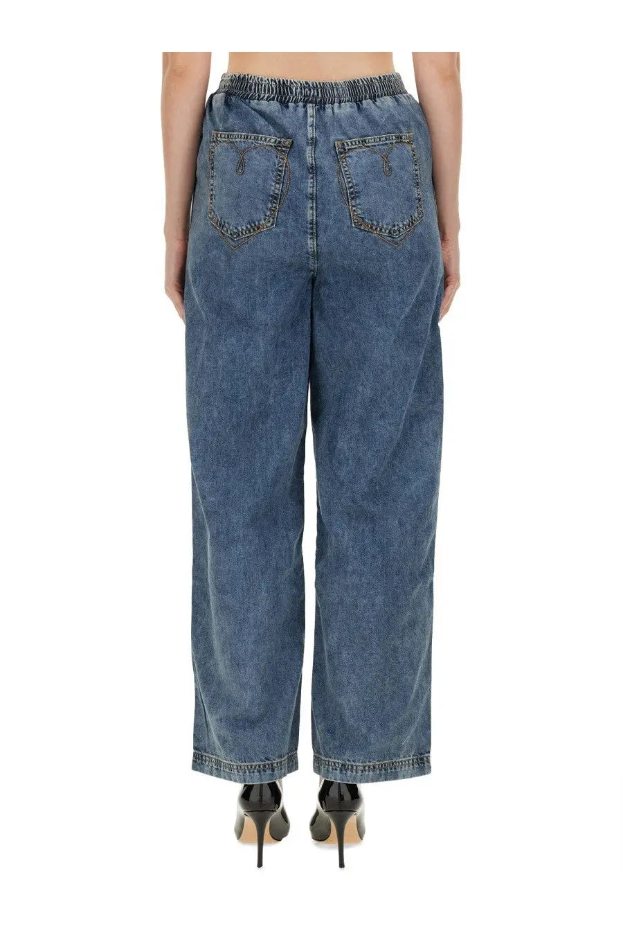 Back side of moschino women’s blue denim wide leg jeans with elastic waistband and subtle logo on back pockets