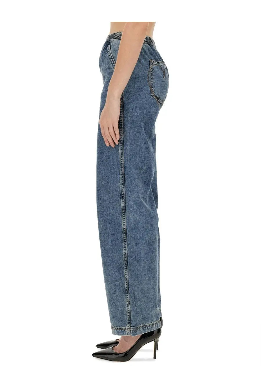 Moschino wide-leg women’s jeans in medium-wash blue denim with visible stitching and elastic waistband