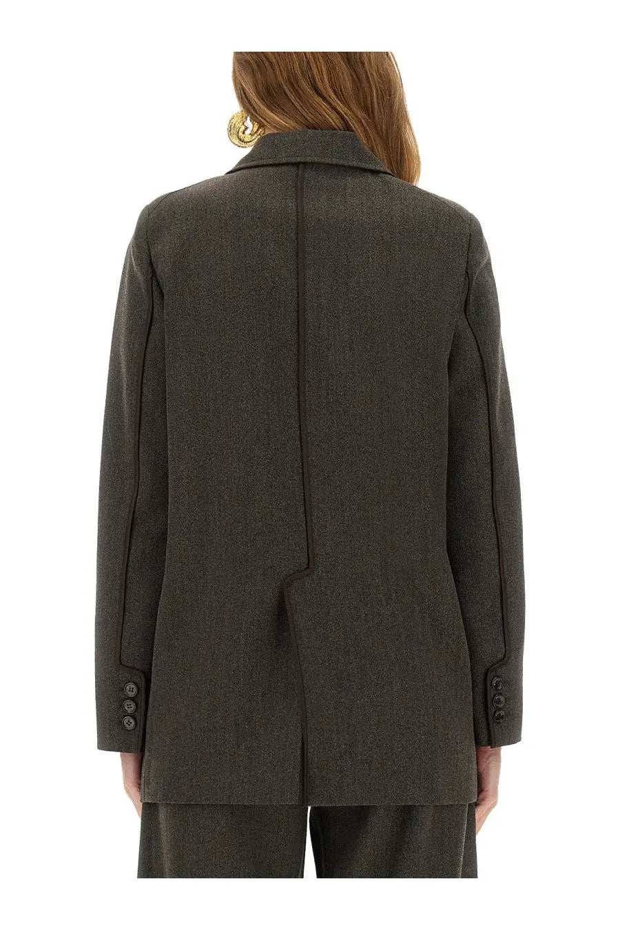 Dark gray textured wool blazer with structured back and buttoned cuffs from moschino jeans women’s collection
