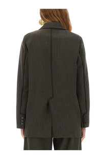Dark gray textured wool blazer with structured back and buttoned cuffs from moschino jeans women’s collection
