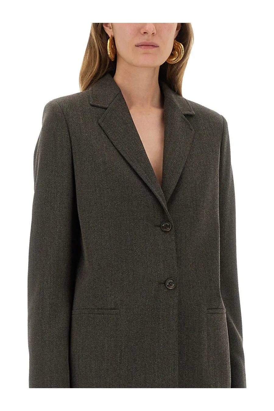 Moschino Jeans women’s structured dark gray wool blend blazer with subtle textured weave and classic notched lapels