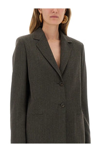 Moschino Jeans women’s structured dark gray wool blend blazer with subtle textured weave and classic notched lapels