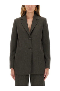 Moschino Jeans women’s wool blend blazer in dark olive green with subtle texture and front flap pockets