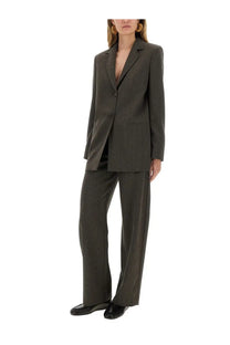 Moschino Jeans women’s wool blend jacket in brown tailored with a subtle textured weave and classic notched lapels